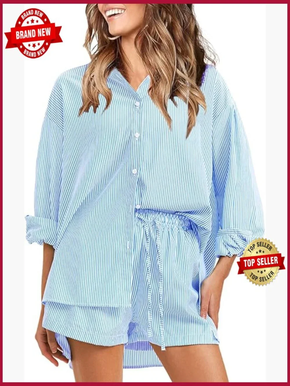 Women's Cotton Summer 2 Piece Sets Long Sleeve Button Down Shirts Matching